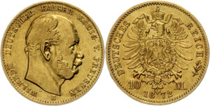 Prussia 10 Mark, 1872, Wilhelm I., embossing ... 