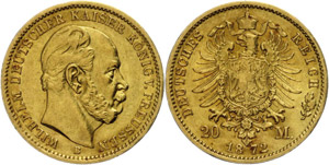Prussia 20 Mark, 1872, Wilhelm I., embossing ... 
