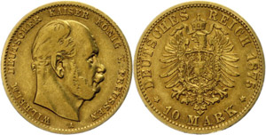 Preußen 10 Mark, 1875, Wilhelm I., Mzz A, ... 