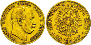 Preußen 10 Mark, 1879, Wilhelm I., kl. Rf., ... 