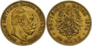 Prussia 20 Mark, 1874, Wilhelm I., Mzz A, ... 