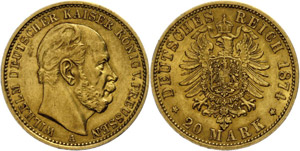 Prussia 20 Mark, 1874, Wilhelm I., embossing ... 