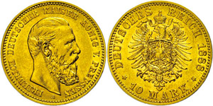 Prussia 10 Mark, 1888, Frederic III., small ... 