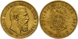 Prussia 20 Mark, 1888, Frederic III., very ... 