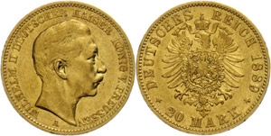 Prussia 20 Mark, 1889, Wilhelm II., very ... 