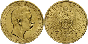 Prussia 20 Mark, 1890, Wilhelm II., minimal ... 