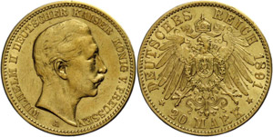 Prussia 20 Mark, 1891, Wilhelm II., small ... 