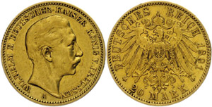 Prussia 20 Mark, 1891, Wilhelm II., very ... 