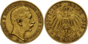 Prussia 20 Mark, 1892, Wilhelm II., margin ... 