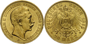 Prussia 20 Mark, 1892, Wilhelm II., small ... 