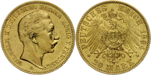 Prussia 20 Mark, 1894, Wilhelm II., very ... 