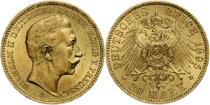 Prussia 20 Mark, 1895, Wilhelm II., contact ... 