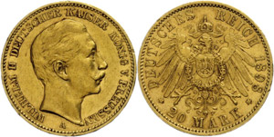 Prussia 20 Mark, 1898, Wilhelm II., margin ... 