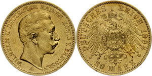 Prussia 20 Mark, 1898, Wilhelm II., rubbed, ... 