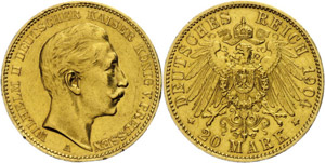Prussia 20 Mark, 1904, Wilhelm II., margin ... 