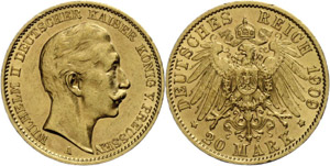Prussia 20 Mark, 1909, Wilhelm II., Mzz A, ... 