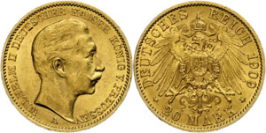 Prussia 20 Mark, 1909, Wilhelm II., restrike ... 