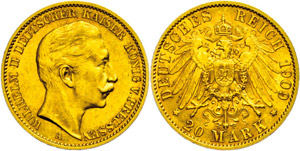 Prussia 20 Mark, 1909, Wilhelm II., very ... 