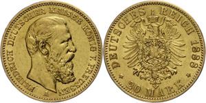 Preußen 20 Mark, 1888, Friedrich III., vz., ... 