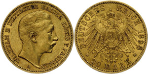Prussia 20 Mark, 1898 A, Gold, Wilhelm II. ... 