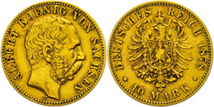Sachsen 10 Mark, 1878, Albert, kl. Rf., ss., ... 