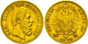 Württemberg 20 Mark, 1872, Karl I., kl. ... 