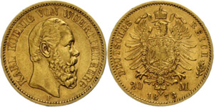 Württemberg 20 Mark, 1873, Karl, very fine ... 