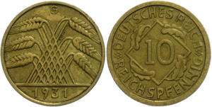 Coins Weimar Republic 10 Reichs penny, ... 