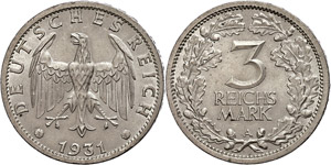 Münzen Weimar 3 Reichsmark, 1931, A, kl. ... 