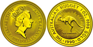 Australia 100 dollars, Gold, 1990, kangaroo, ... 