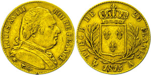 France 20 Franc, Gold, 1815, louis XVIII., A ... 