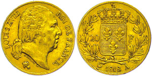 France 20 Franc, Gold, 1818, louis XVIII., A ... 