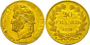 France 20 Franc, Gold, 1839, louis Philippe ... 