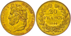 France 20 Franc, 1844 W (Lille), Gold, louis ... 