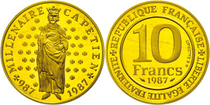Frankreich 10 Francs, Gold, 1987, 1.000. ... 
