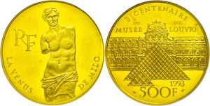Frankreich 500 Francs, Gold, 1993, Venus von ... 