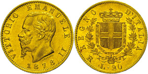 Italy 20 liras, Gold, 1878, Vittorio ... 