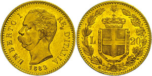 Italy 20 liras, Gold, 1882, Umberto I., Fb. ... 
