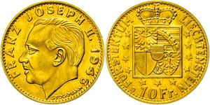 Liechtenstein 10 Franken, Gold, 1946, Franz ... 