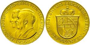 Liechtenstein 25 Franken, Gold, 1956, Franz ... 