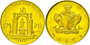 Malta 20 pound, Gold, 1973, dolphin fountain ... 