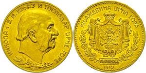 Montenegro 20 Perpera, Gold, 1910, Nikolaus ... 