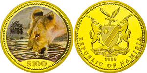 Namibia 100 dollars, Gold, 1995, lion, ... 