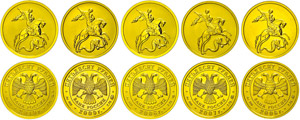 Coins Russia 5 x 50 Rouble, Gold, 2006-2010, ... 