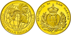 San Marino 5 Scudi, Gold, 2001, to the ... 