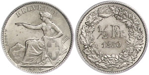 Switzerland 1 / 2 Franc, 1850, seated ... 