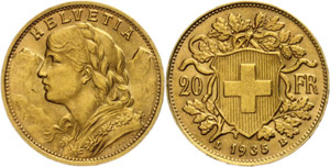 Switzerland 20 Franc, Gold, 1935, Fb. 499, ... 