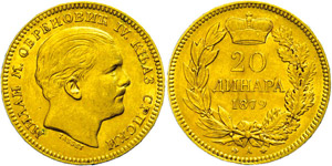 Serbia 20 Dinars, Gold, 1879, kite ... 