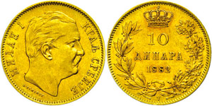 Serbia 10 Dinars, Gold, 1882, kite ... 