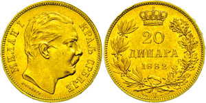 Serbia 20 Dinars, Gold, 1879, kite ... 